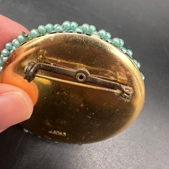 Vintage Beaded Brooch Pin 1950s Turquoise Japan Round Faux Pearls Retro Fashion - Picture 6 of 10
